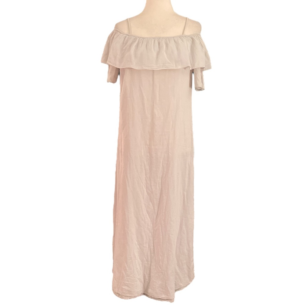 Yoox European Culture Beige Tan Off the Shoulder Ruffle Slip Maxi Dress - S